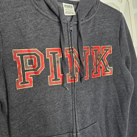 PINK VS Gray/Red Plaid Graphic Full Zip Hooded Jacket Womens SZ XS Fleece Lined - Picture 2 of 5